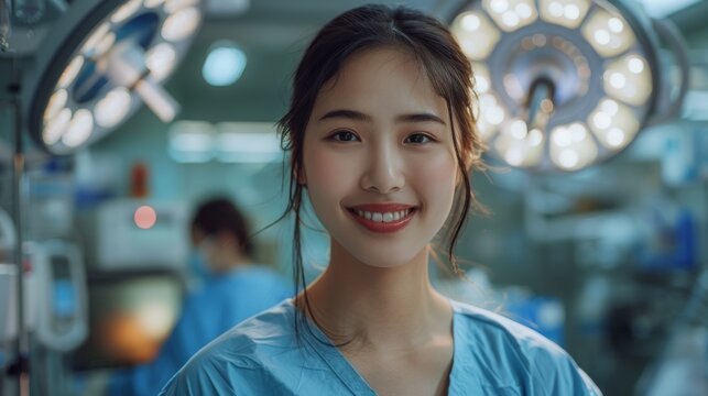 Portrait of smiling face of female Asian doctor surgeon against the background of an operating room, bright and sharp focus on the doctor face. Generative AI.