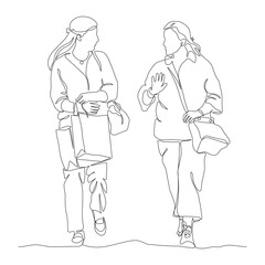 2 women talking walking. Holding shopping bags. Continuous line drawing. Black and white vector illustration in line art style.