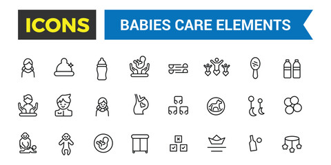 Babies, baby toys, feeding and care elements icon set. Outline icons pack. Editable vector icon and illustration.