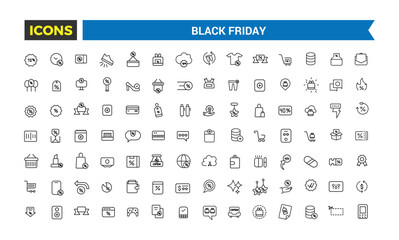 Black Friday Big Sale line icon set. Outline icons pack. Editable vector icon and illustration.