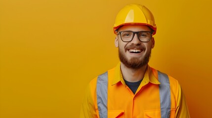 Hardhat wearing engineer flashes a cheerful smile on bright orange background