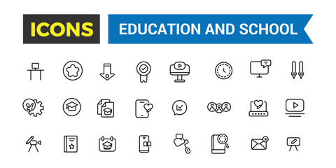 Education and back to school icons set. Outline icons pack. Editable vector icon and illustration.