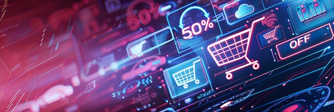Digital abstract background featuring neon shopping carts and a 50% off discount. Generative AI