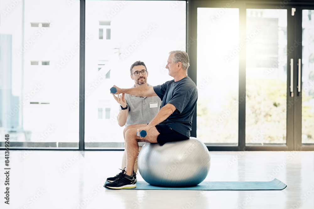 Sticker Healthcare, physiotherapist and old man with dumbbells, gym ball and rehabilitation in senior care. Physio, consultant and elderly patient for mobility training, exercise and help in retirement.