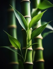 Obraz premium A close-up view of a bamboo stalk with several leaves extending from it