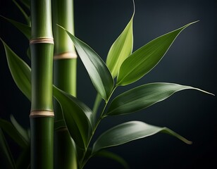 Obraz premium A close-up view of a bamboo stalk with several leaves extending from it