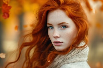 Captivating redhead woman with freckles in a cozy scarf surrounded by vibrant autumn foliage