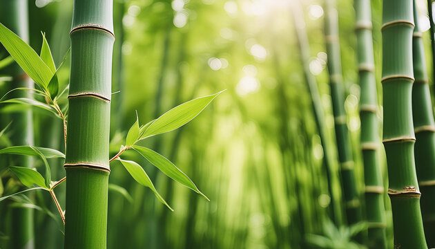 Close-up of bamboo forest trees with green leaves. Spring or summer time. Beautiful nature.