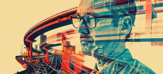 The image shows a man wearing glasses with a background of a road and a city. The man is looking at the road.