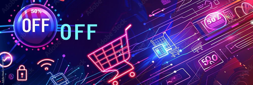 Aufkleber A neon-lit shopping cart with 50 OFF text, surrounded by digital elements like Wi-Fi signals and cloud icons, set against a dark and futuristic background. Generative AI