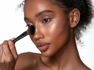 Young Asian woman with Contour and Highlight makeup sample,Young beautiful womman applying makeup using a brush,Professional Contouring face make-up over,Make up woman face.