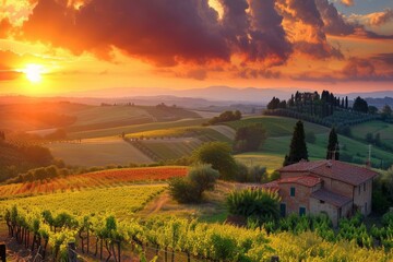 Naklejka premium Picturesque Tuscan sunset. Italian farm garden. Generate Ai