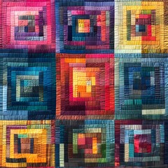 A colorful quilt with squares of different colors. The quilt is made up of many different pieces of fabric, and the colors are bright and vibrant. The quilt has a playful and cheerful mood