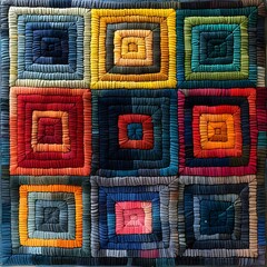 A colorful quilt with squares of different colors. The squares are arranged in a pattern that creates a sense of movement and energy. The colors are bright and vibrant, giving the quilt a cheerful