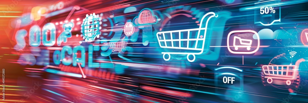 Aufkleber abstract background with glowing shopping carts and a prominent 50% off message. the futuristic digi