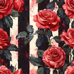 A painting of a rose with a black and white stripe background. The painting is full of red roses and has a very artistic and romantic feel to it