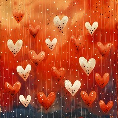 A painting of many hearts in various sizes and colors, with some white hearts in the middle. The painting has a warm, romantic feel to it, with the red and white colors creating a sense of love