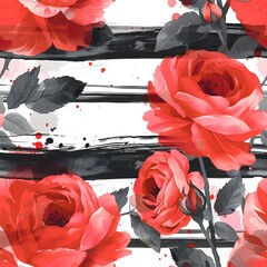 A painting of red roses with black and white stripes. The painting has a bold and vibrant feel to it, with the red flowers standing out against the black and white background