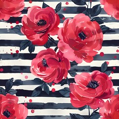 A painting of red roses with black stripes. The painting is full of life and energy, with the red flowers standing out against the black background