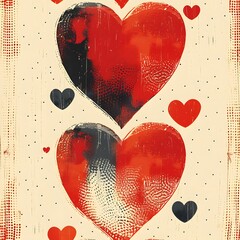 A painting of two hearts with a black and white background. The painting has a vintage feel to it, and the colors are bold and striking