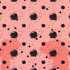 A pink and black patterned background with black and white dots. The dots are scattered all over the background, creating a sense of chaos and disorder. The background is also slightly blurry