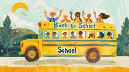 Cheerful School Bus with Happy Children Waving on a Sunny Day