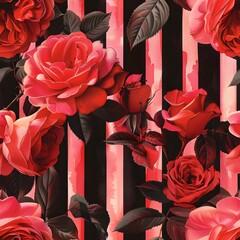 A red and black striped rose pattern with a black background. The roses are in various sizes and are arranged in a way that creates a sense of depth and movement