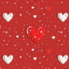 A red background with white hearts scattered throughout. The hearts are all different sizes and are placed in various positions. Scene is one of love and affection