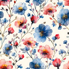 A watercolor painting of flowers with blue and pink hues. The flowers are arranged in a way that creates a sense of movement and flow. The overall mood of the painting is serene and calming