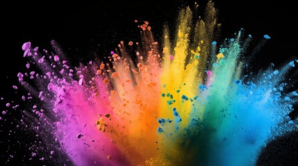 A vibrant explosion of powder paints captured in mid-air, with a spectrum of rainbow colors against a black background.