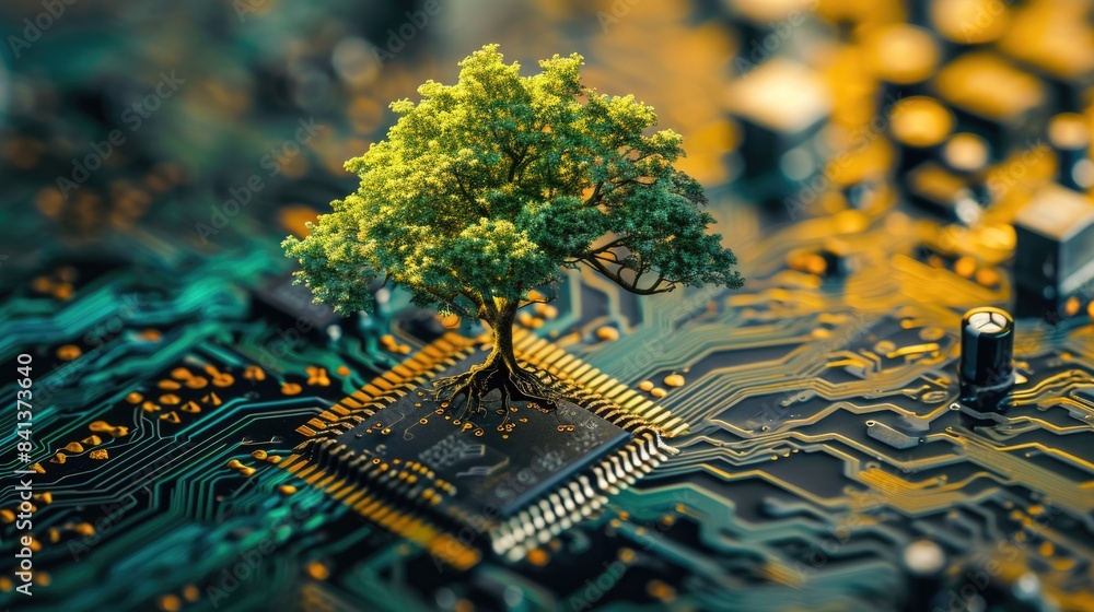 Poster the bottom angle view of the growing green tree on the cpu on the land of the greenish mainboard and