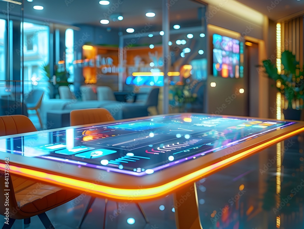Poster interactive touchscreen table enabling collaborative digital tools and applications in a modern offi