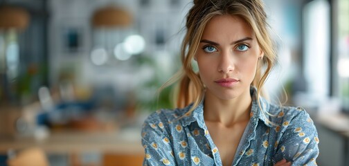 Young Businesswoman Expressing Skeptical Emotion in Modern Office Setting