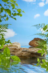 Fototapeta premium Front view photo template in a jungles lake, several stone platforms of varying sizes protrude from the water, surrounded by diversity plants. Space for product displaying and adding design elements