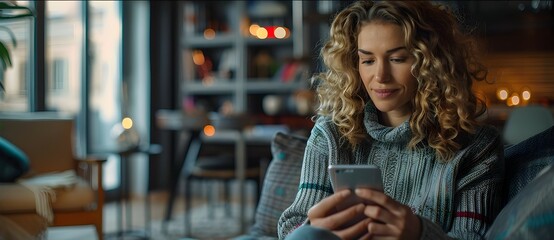 Woman Reviewing Personal Finance Data on Smartphone in Cozy Home Setting