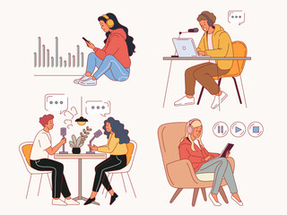 People streaming. Podcast participants with microphones and headphones, listeners, presenters and guests, interviews broadcast, men and women bloggers. Cartoon flat isolated vector set