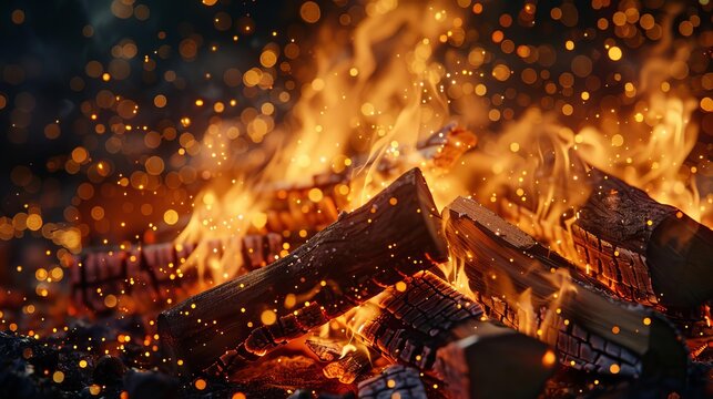 Fire Maintenance, Document the process of building and maintaining the campfire Capture images of kindling being arranged, logs being added, and sparks flying as the fire is stoked