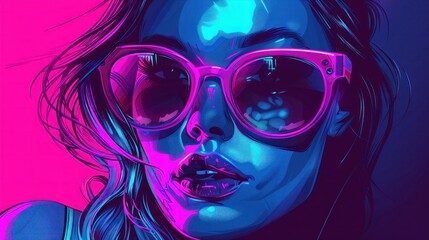 Stylish Woman in Sunglasses with Neon Lights on Pink and Blue Background, Fashion and Beauty Illustration