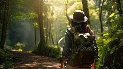 Photograph of a young Asian woman backpacker hiking through a lush green forest, with sunlight filtering through the trees.