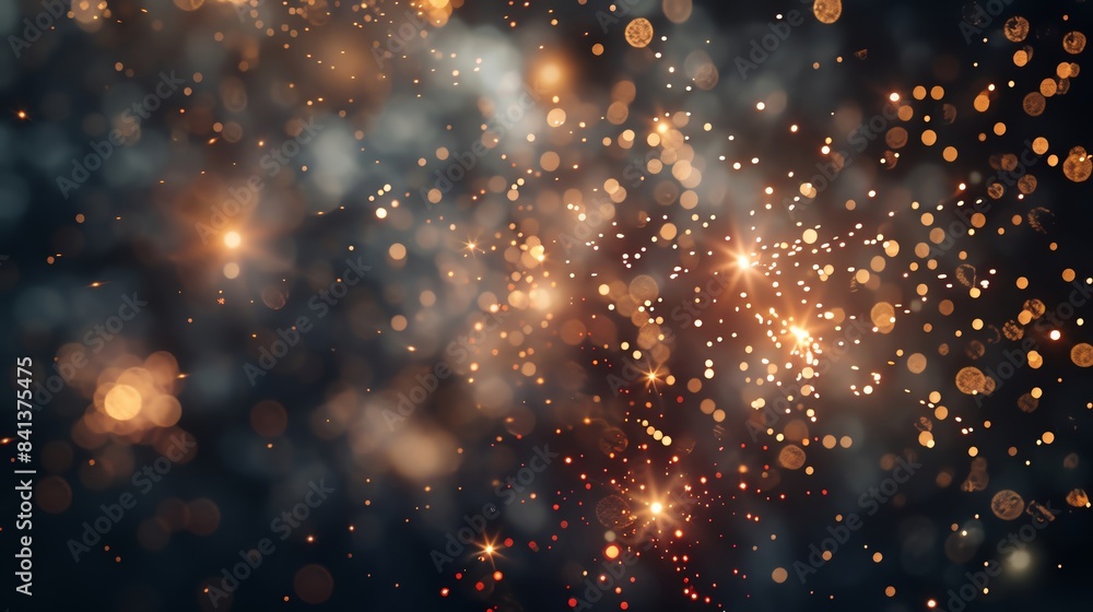 Poster abstract background of sparkling golden lights and bokeh on a dark backdrop, perfect for festive and