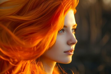 Stunning side profile of a woman with vibrant red hair basking in the warm golden hour sunlight