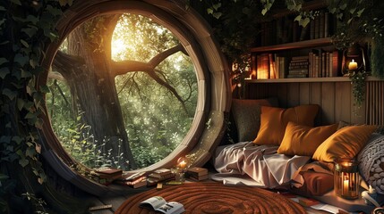 Cozy, rustic reading nook with a circular window offering a serene forest view, lit by soft candles, perfect for relaxation.