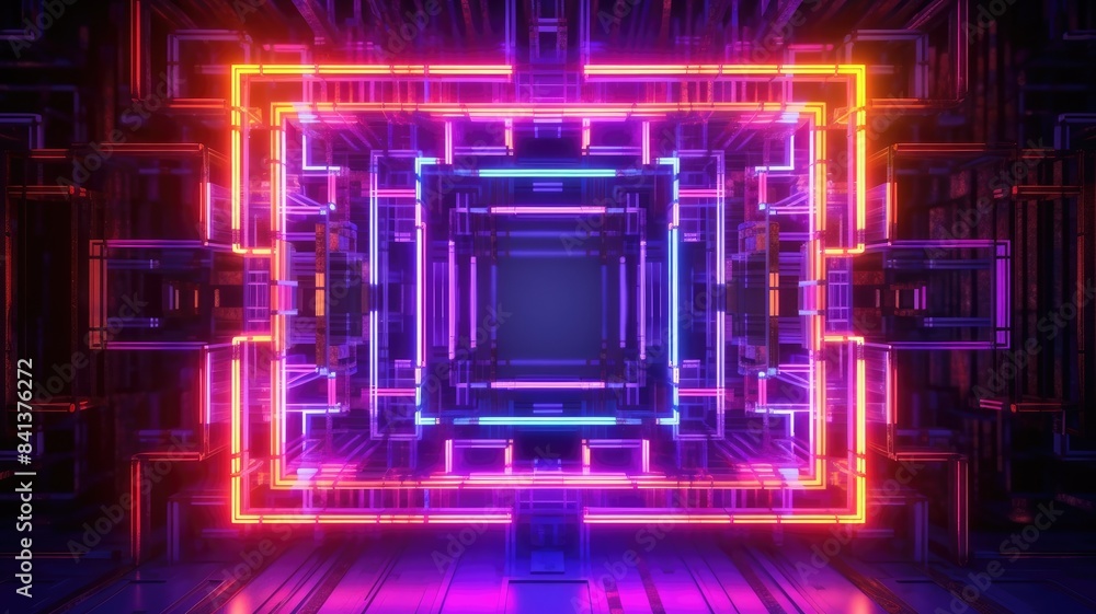 Poster futuristic neon light portal in a reflective surface. luminous neon light portal with square shape w