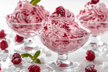 Raspberry mousse in crystal bowls, vibrant and delightful, perfect for dessert lovers, colorful dessert photography, sweet and elegant treat