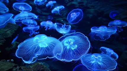 Obraz premium An example of bioluminescence as jellyfish blooms light up the water with their natural glow.