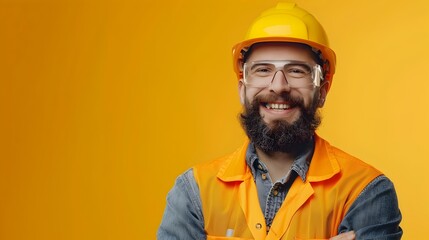 Smiling Safety Engineer in Hard Hat Posing on Bright Colorful Background