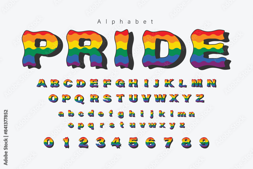 Fototapete pride month rainbow color typography font text design with alphabet letters and numbers, vector desi
