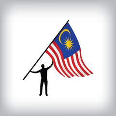 A man holds the flag of MALAYSIA in the air. Vector flag waving. National day realistic flag illustration.