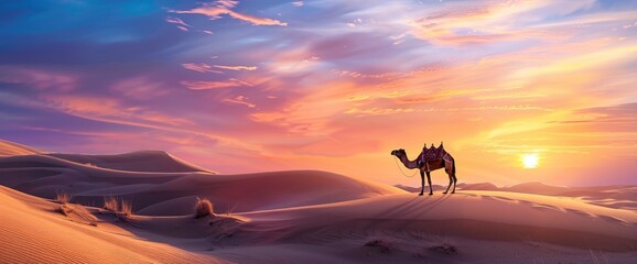A Serene Desert Landscape At Sunset, With A Lone Camel Walking Across The Dunes And A Vibrant Sky Overhead