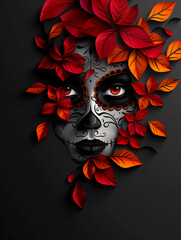 A woman's face is drawn in red leaves and a skull. The image has a spooky and eerie mood